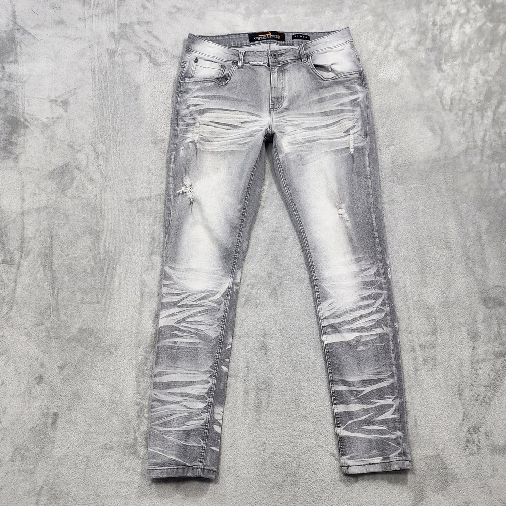 Copper Rivet Jeans Mens 34x32 Gray Wash Slim Fit Skinny Distressed Stretch Denim